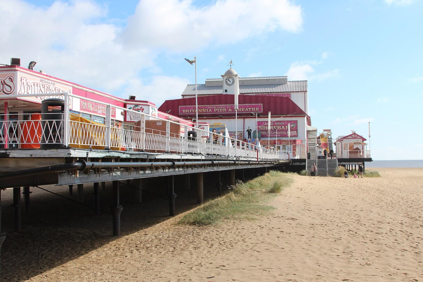 Britannia Pier and the beach on Great Yarmouth seafront on a clear day