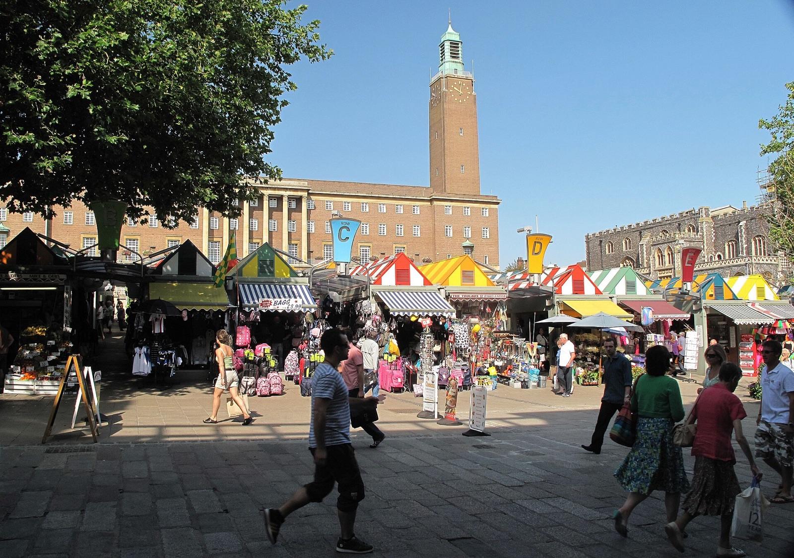 Norwich Market and City Hall on a sunny day