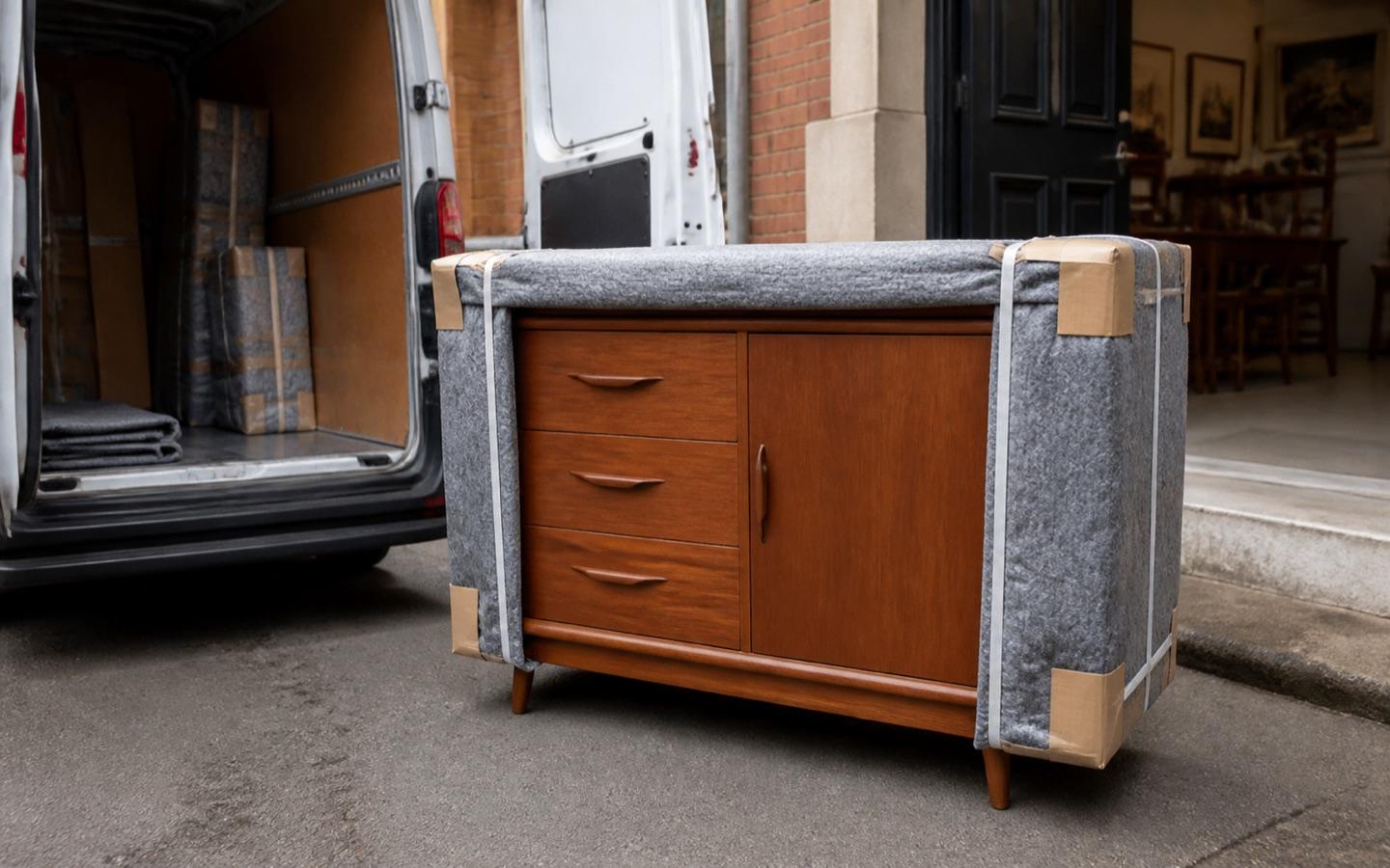 Wrapped wooden sideboard ready for collection beside an open van