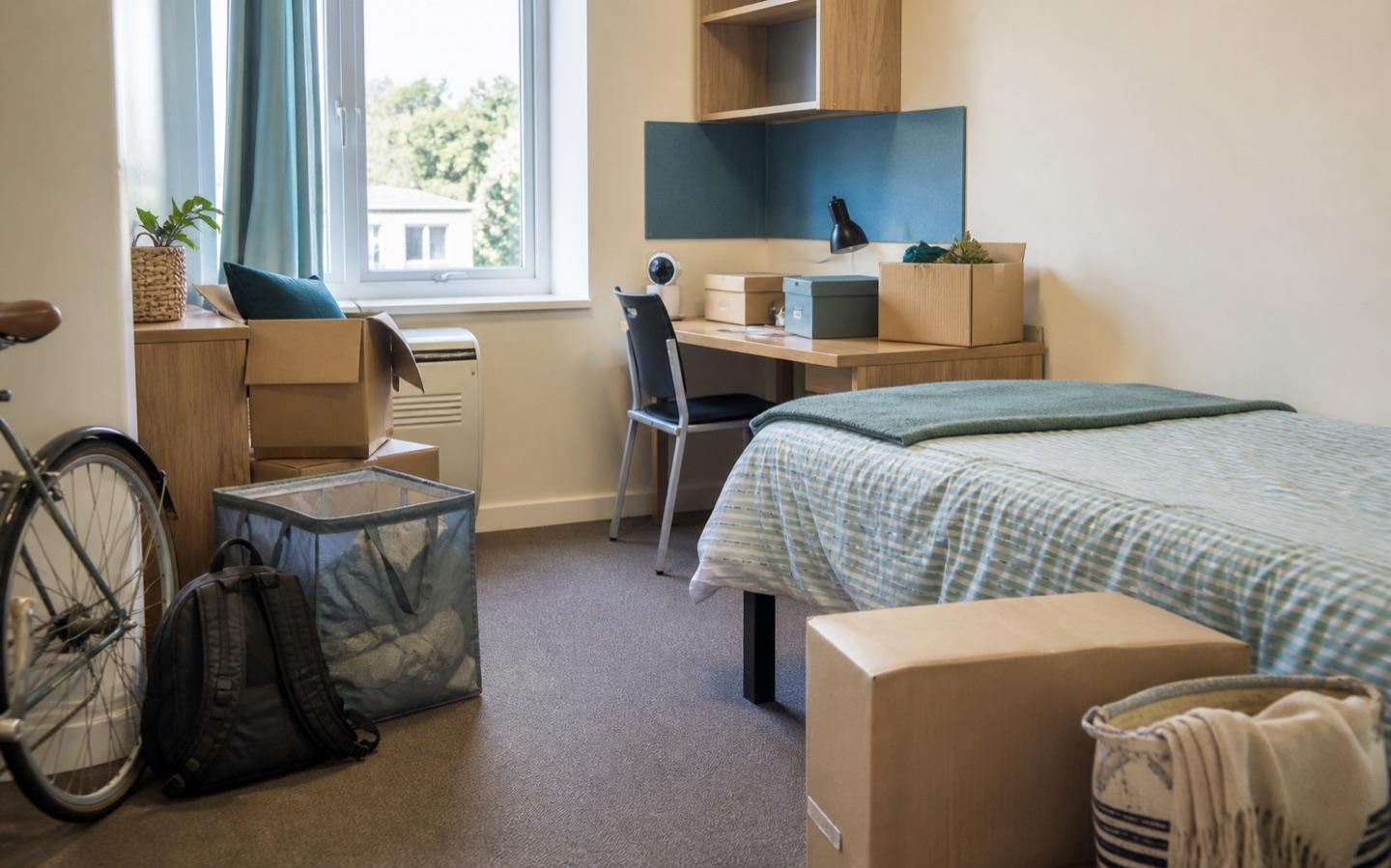 Student room packed with boxes, bags and a bike ready for moving day