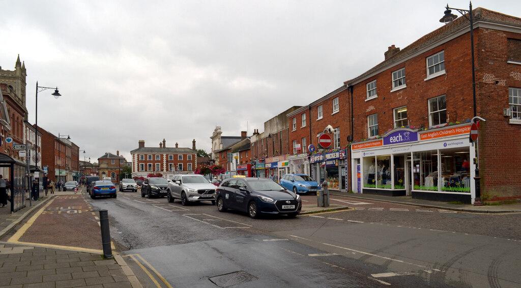 Dereham town centre and Market Place on a grey day
