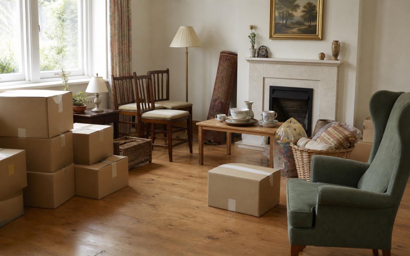 Older living room with boxes and furniture sorted carefully for a house clearance