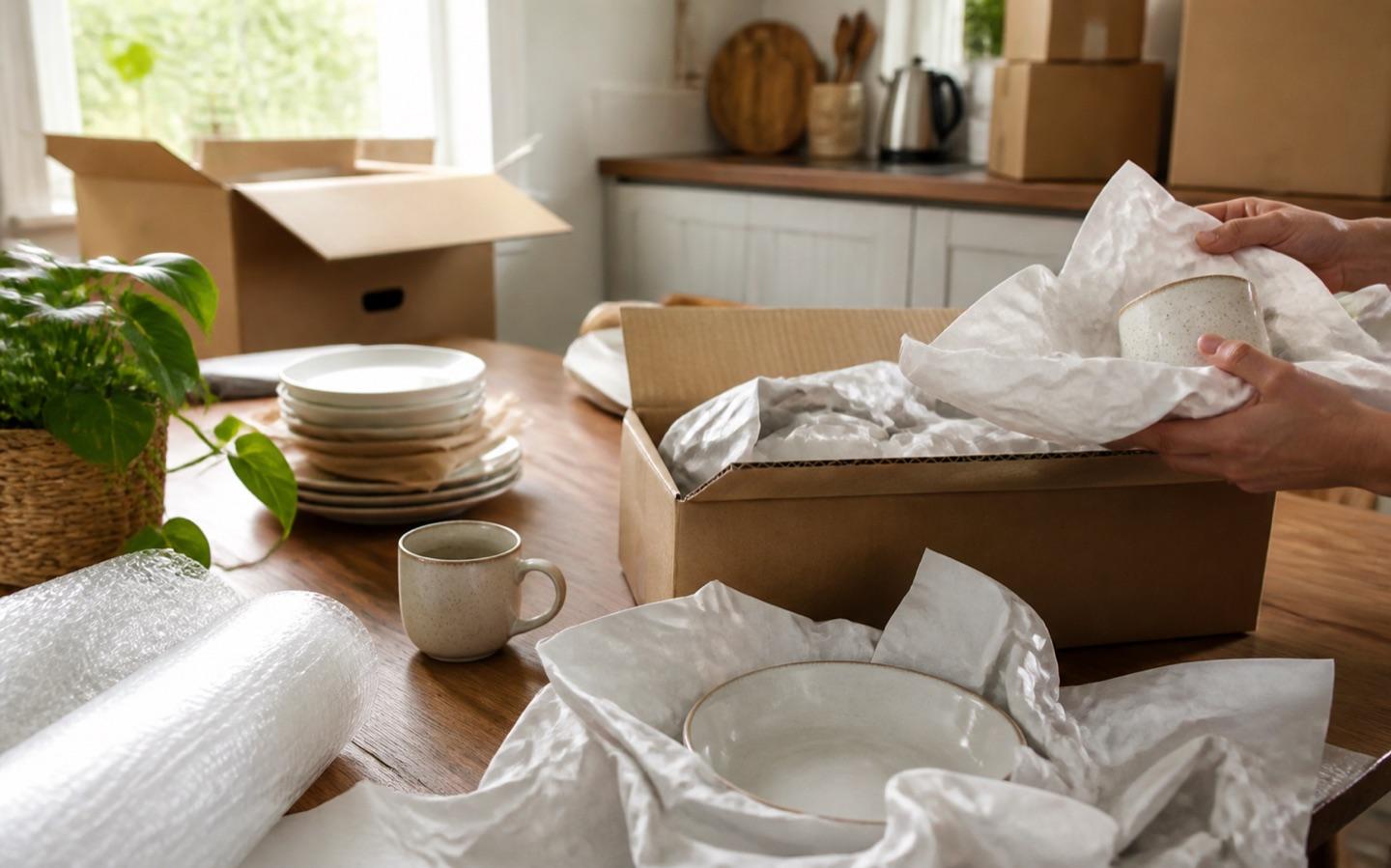 Crockery being wrapped in packing paper and boxed carefully before a move