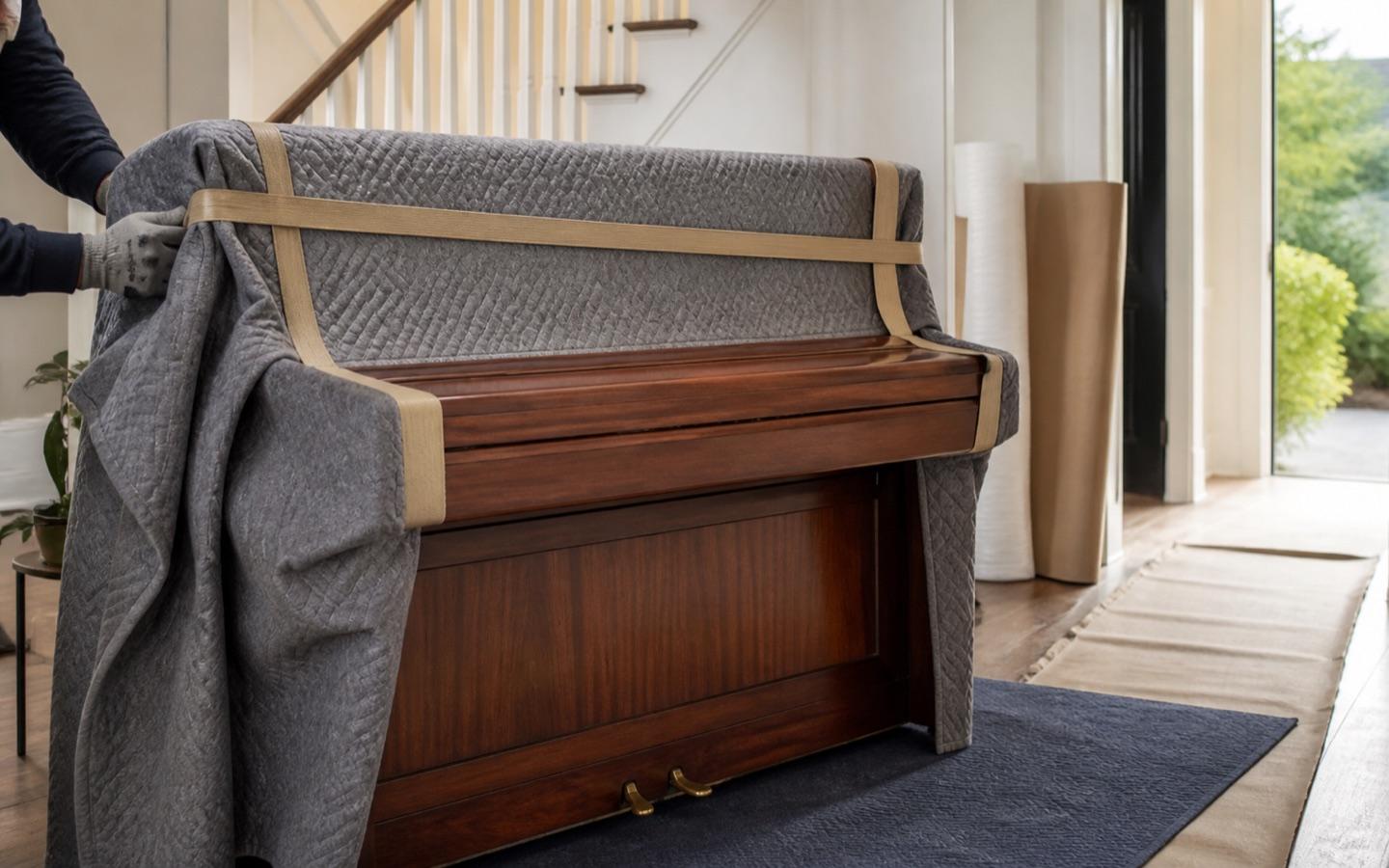 Upright piano wrapped in moving blankets and straps inside a British home